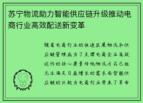 苏宁物流助力智能供应链升级推动电商行业高效配送新变革